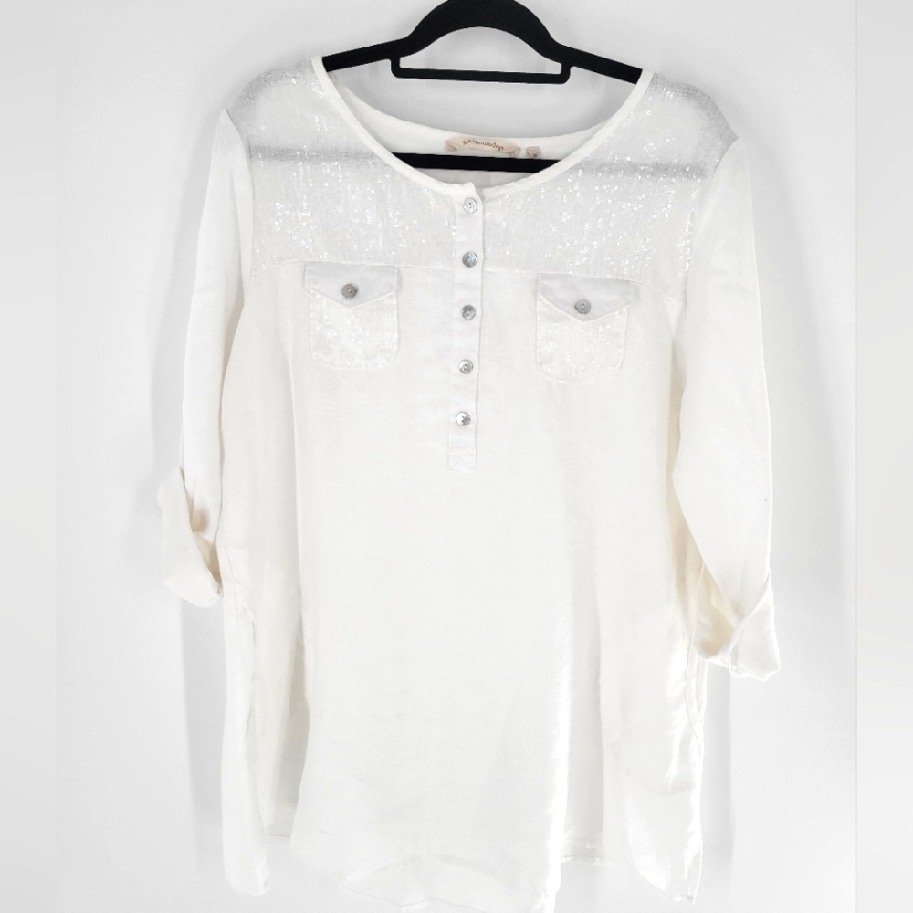Soft Surroundings 100% Linen‎ Roll Tab Sleeve Tunic Top Sequins Sz XL